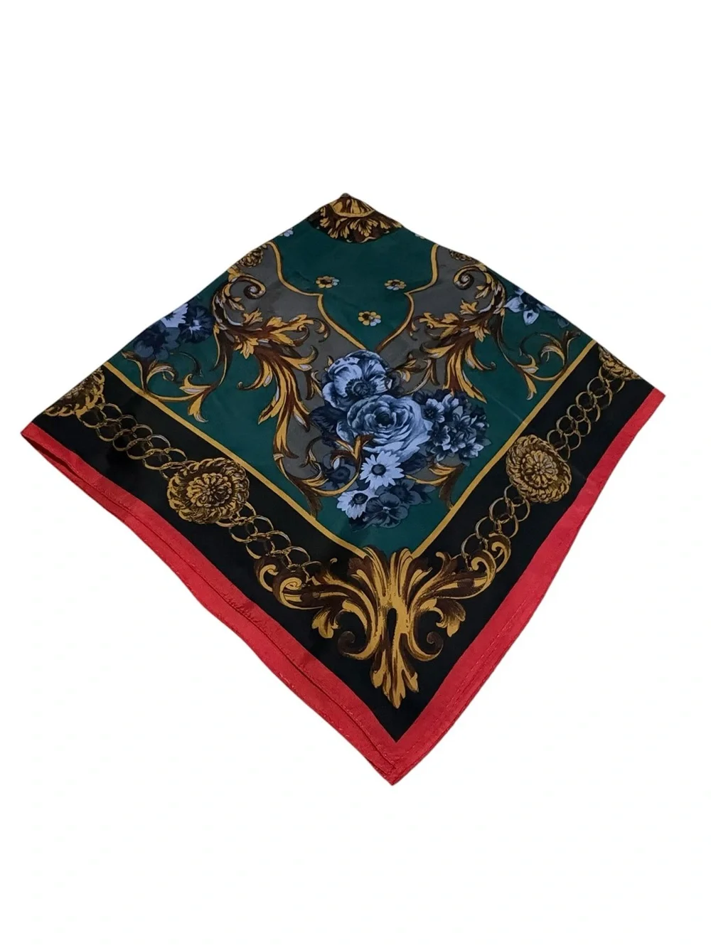 Vintage  Silk-Feel Floral Baroque Scarf in Green and Red